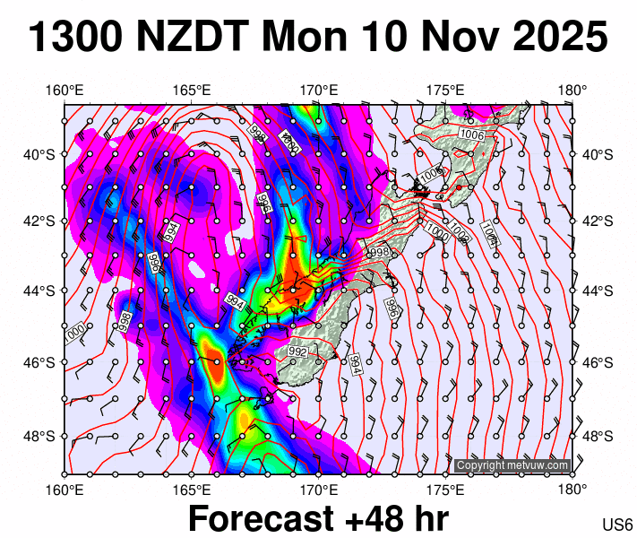South Island forecast chart for Monday, November 10th, 2025 at 12:00 AM