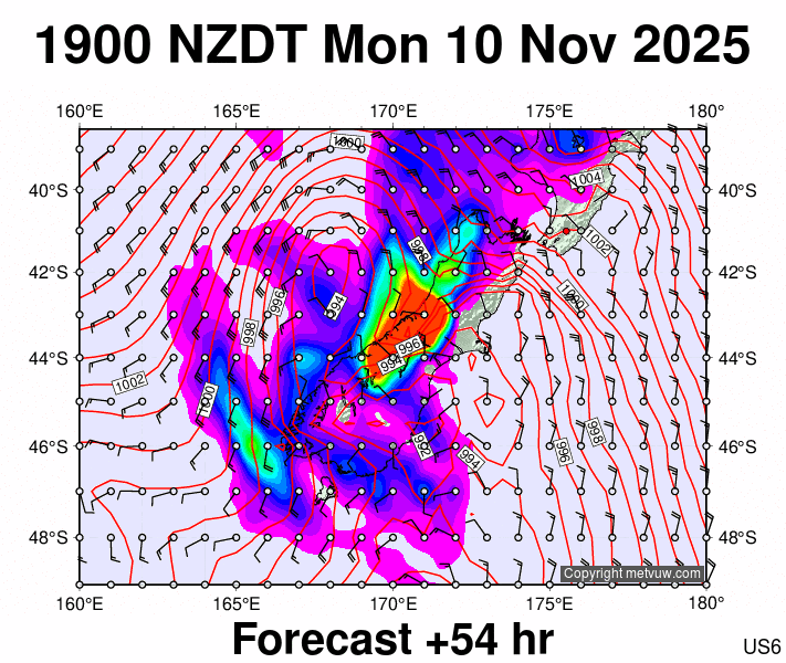 South Island forecast chart for Monday, November 10th, 2025 at 6:00 AM