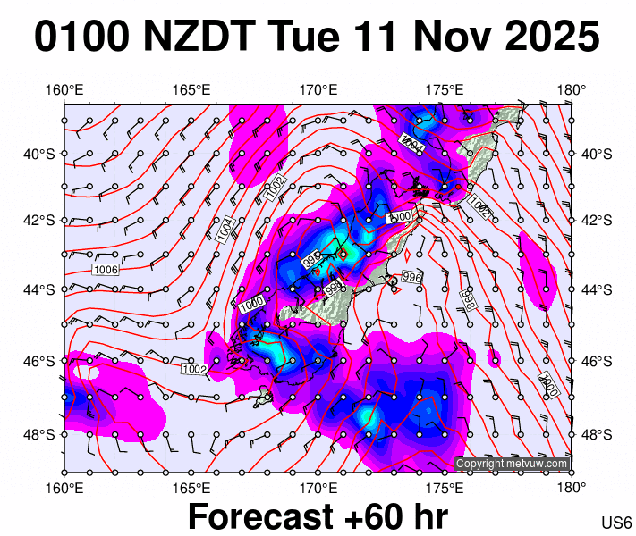 South Island forecast chart for Monday, November 10th, 2025 at 12:00 PM
