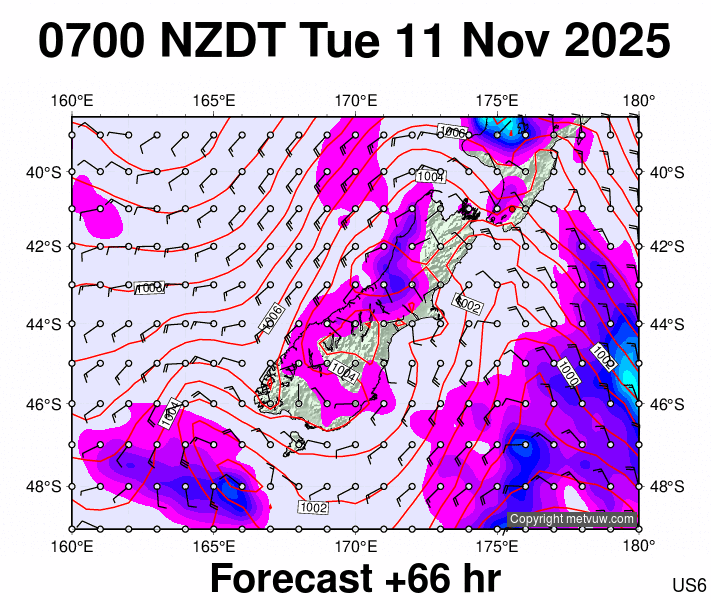 South Island forecast chart for Monday, November 10th, 2025 at 6:00 PM