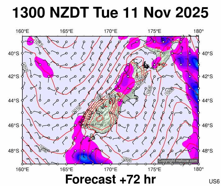 South Island forecast chart for Tuesday, November 11th, 2025 at 12:00 AM