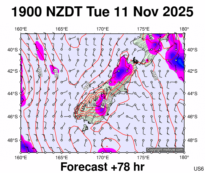 South Island forecast chart for Tuesday, November 11th, 2025 at 6:00 AM