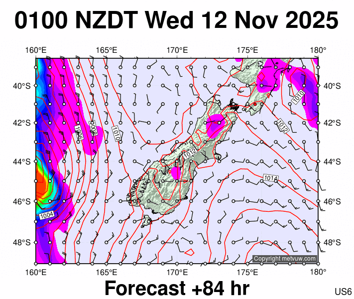 South Island forecast chart for Tuesday, November 11th, 2025 at 12:00 PM