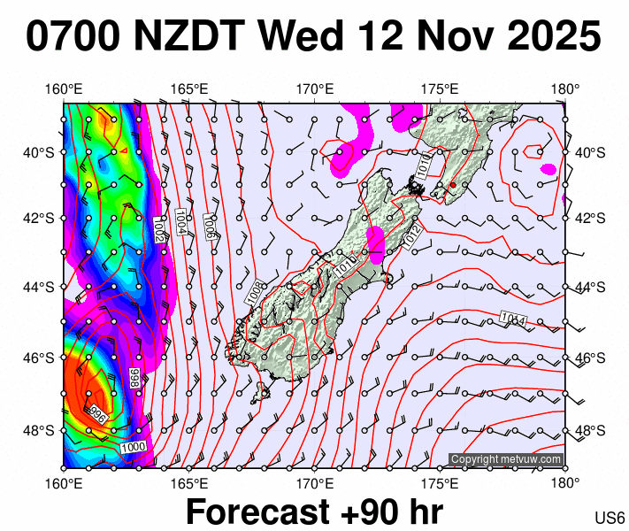 South Island forecast chart for Tuesday, November 11th, 2025 at 6:00 PM