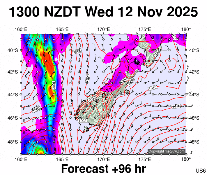 South Island forecast chart for Wednesday, November 12th, 2025 at 12:00 AM