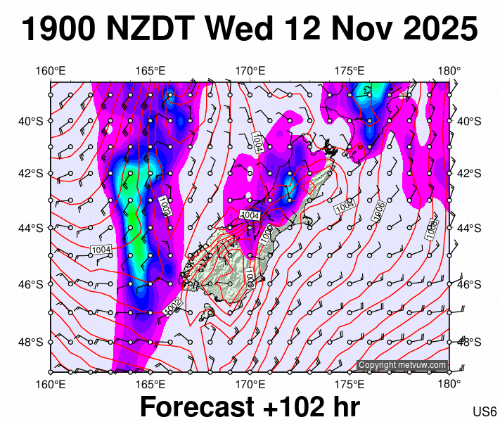 South Island forecast chart for Wednesday, November 12th, 2025 at 6:00 AM