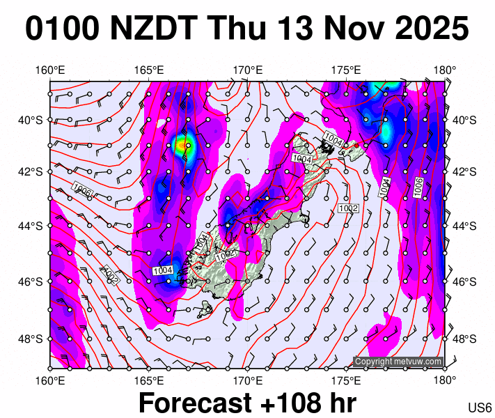 South Island forecast chart for Wednesday, November 12th, 2025 at 12:00 PM