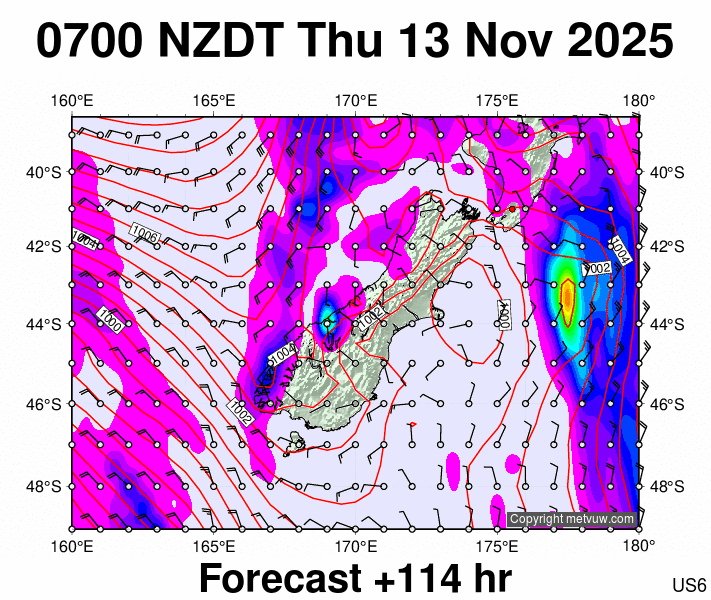 South Island forecast chart for Wednesday, November 12th, 2025 at 6:00 PM