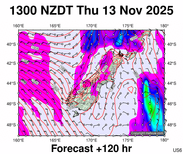 South Island forecast chart for Thursday, November 13th, 2025 at 12:00 AM