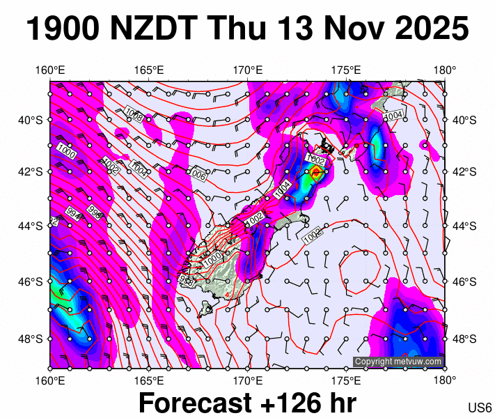 South Island forecast chart for Thursday, November 13th, 2025 at 6:00 AM