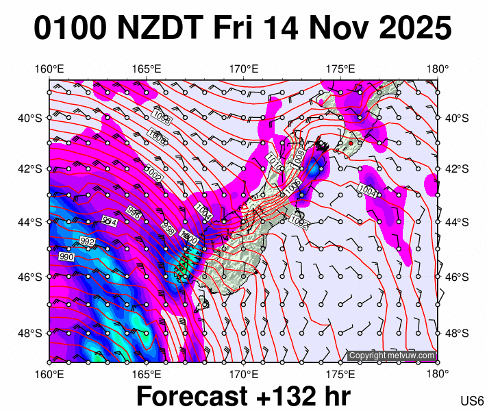 South Island forecast chart for Thursday, November 13th, 2025 at 12:00 PM