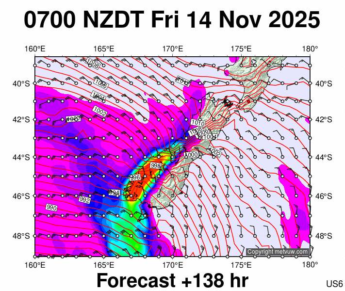 South Island forecast chart for Thursday, November 13th, 2025 at 6:00 PM