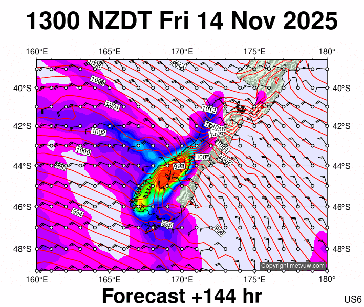 South Island forecast chart for Friday, November 14th, 2025 at 12:00 AM