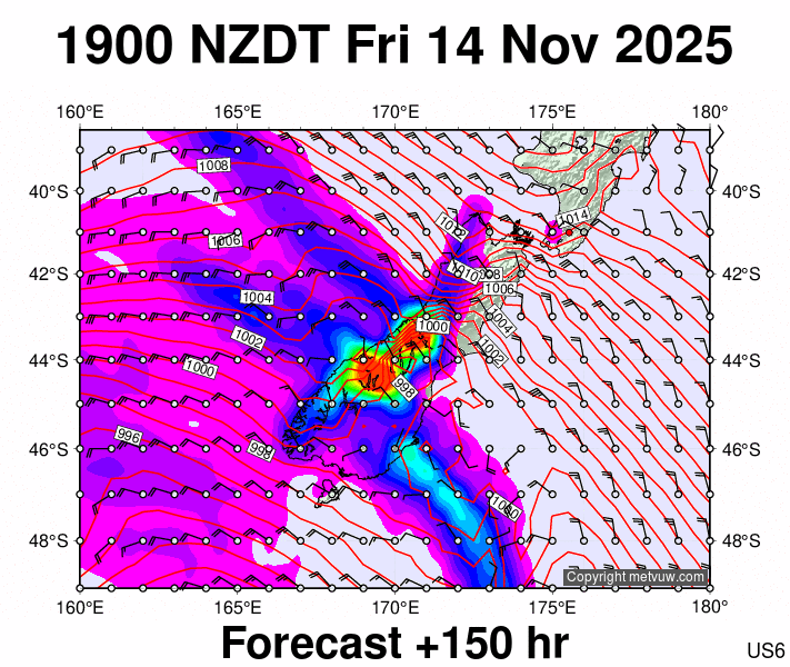 South Island forecast chart for Friday, November 14th, 2025 at 6:00 AM