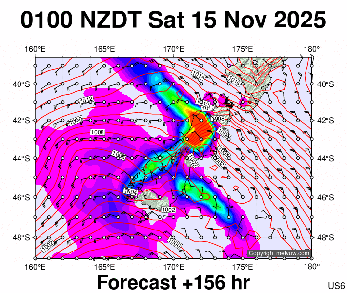 South Island forecast chart for Friday, November 14th, 2025 at 12:00 PM