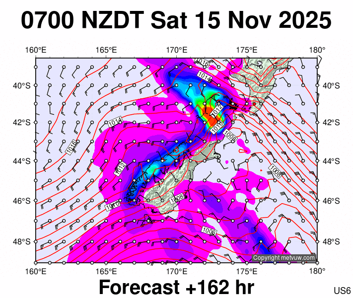 South Island forecast chart for Friday, November 14th, 2025 at 6:00 PM