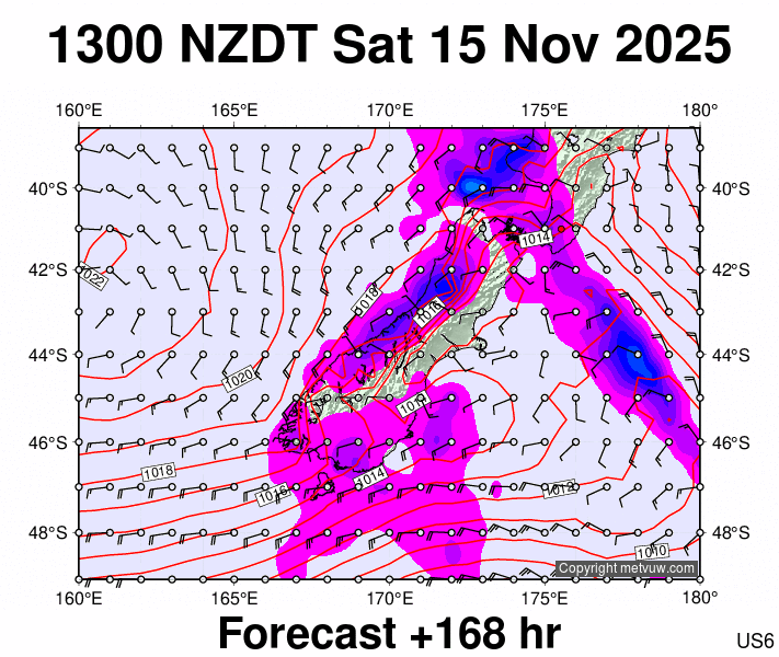 South Island forecast chart for Saturday, November 15th, 2025 at 12:00 AM