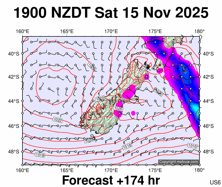 South Island forecast chart for Saturday, November 15th, 2025 at 6:00 AM