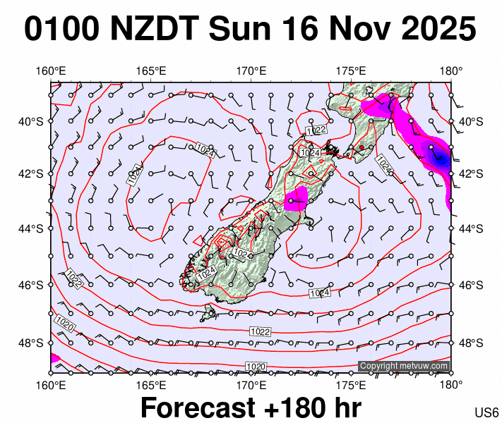 South Island forecast chart for Saturday, November 15th, 2025 at 12:00 PM