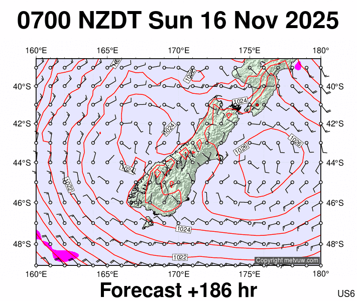 South Island forecast chart for Saturday, November 15th, 2025 at 6:00 PM