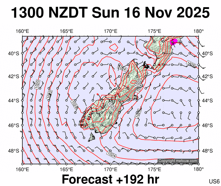 South Island forecast chart for Sunday, November 16th, 2025 at 12:00 AM
