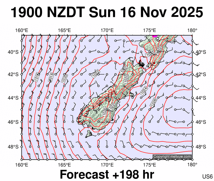 South Island forecast chart for Sunday, November 16th, 2025 at 6:00 AM