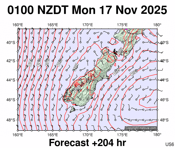 South Island forecast chart for Sunday, November 16th, 2025 at 12:00 PM
