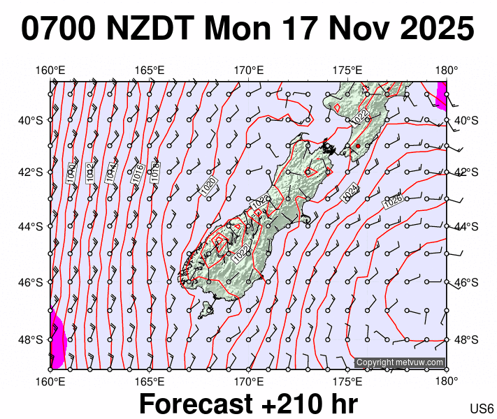 South Island forecast chart for Sunday, November 16th, 2025 at 6:00 PM