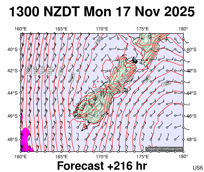 South Island forecast chart for Monday, November 17th, 2025 at 12:00 AM