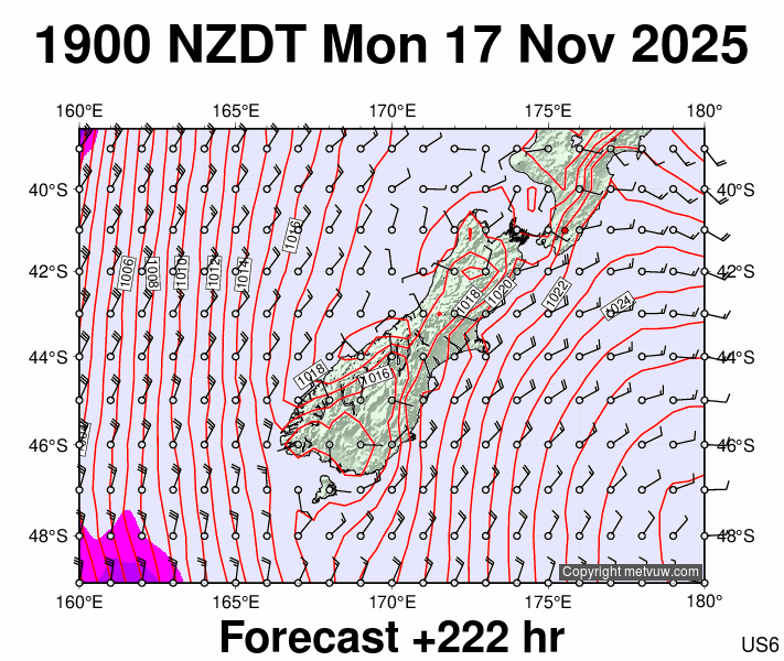 South Island forecast chart for Monday, November 17th, 2025 at 6:00 AM