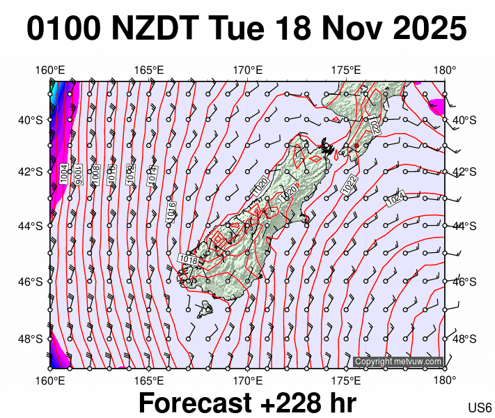 South Island forecast chart for Monday, November 17th, 2025 at 12:00 PM