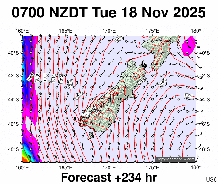 South Island forecast chart for Monday, November 17th, 2025 at 6:00 PM