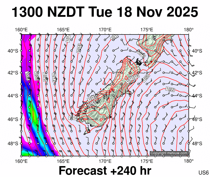 South Island forecast chart for Tuesday, November 18th, 2025 at 12:00 AM