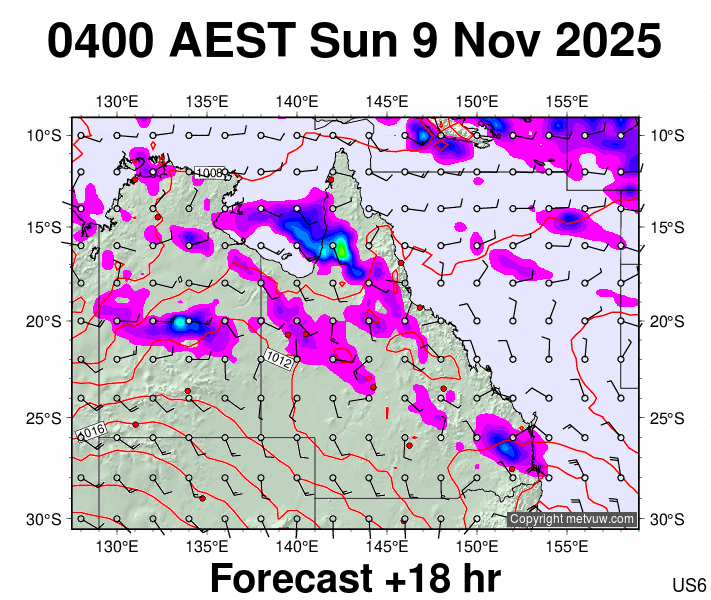 Queensland forecast chart for Saturday, November 8th, 2025 at 6:00 PM