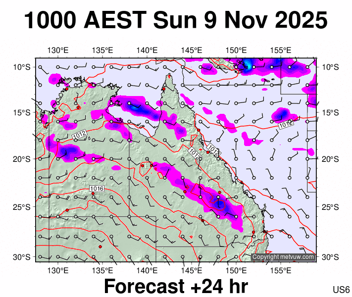 Queensland forecast chart for Sunday, November 9th, 2025 at 12:00 AM