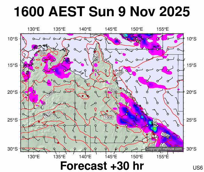 Queensland forecast chart for Sunday, November 9th, 2025 at 6:00 AM