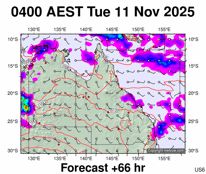 Queensland forecast chart for Monday, November 10th, 2025 at 6:00 PM