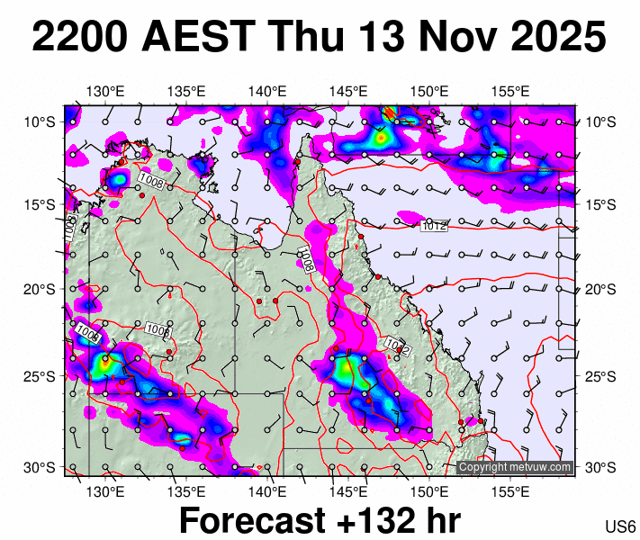 Queensland forecast chart for Thursday, November 13th, 2025 at 12:00 PM