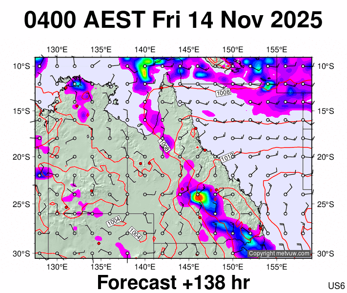 Queensland forecast chart for Thursday, November 13th, 2025 at 6:00 PM