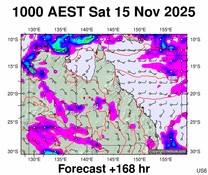 Queensland forecast chart for Saturday, November 15th, 2025 at 12:00 AM