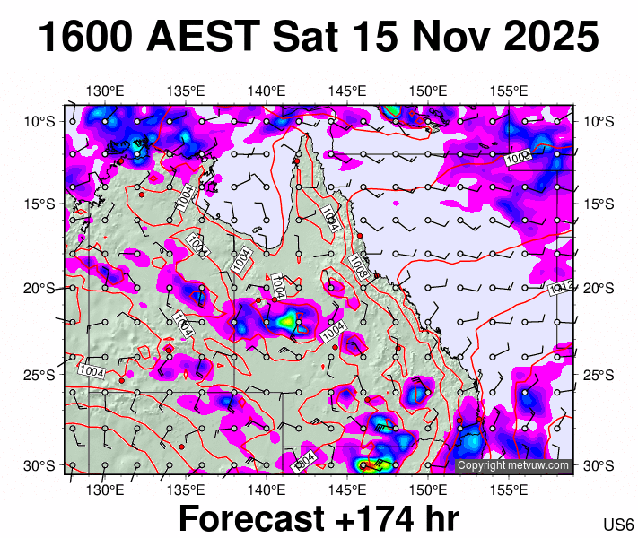 Queensland forecast chart for Saturday, November 15th, 2025 at 6:00 AM