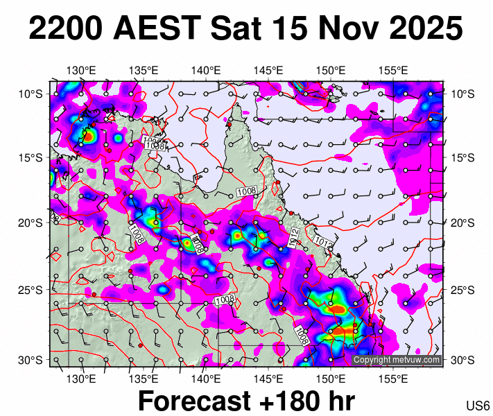 Queensland forecast chart for Saturday, November 15th, 2025 at 12:00 PM