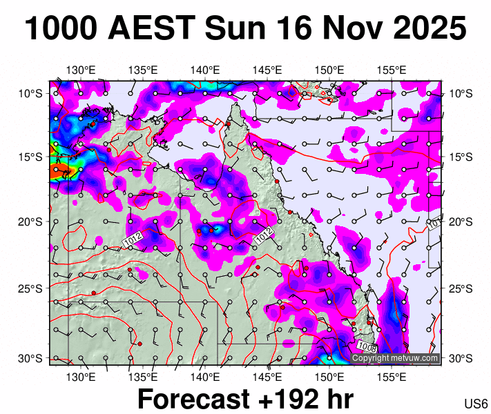 Queensland forecast chart for Sunday, November 16th, 2025 at 12:00 AM