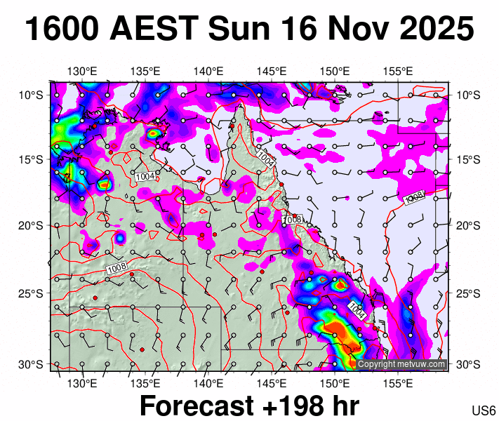 Queensland forecast chart for Sunday, November 16th, 2025 at 6:00 AM