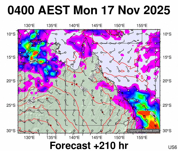 Queensland forecast chart for Sunday, November 16th, 2025 at 6:00 PM