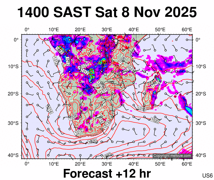 South Africa forecast chart for Saturday, November 8th, 2025 at 12:00 PM