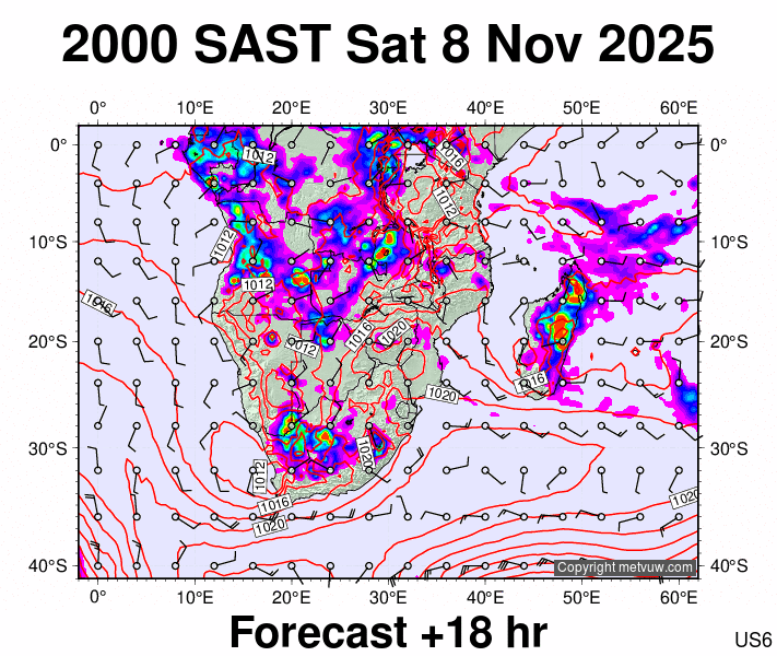 South Africa forecast chart for Saturday, November 8th, 2025 at 6:00 PM