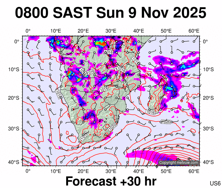 South Africa forecast chart for Sunday, November 9th, 2025 at 6:00 AM