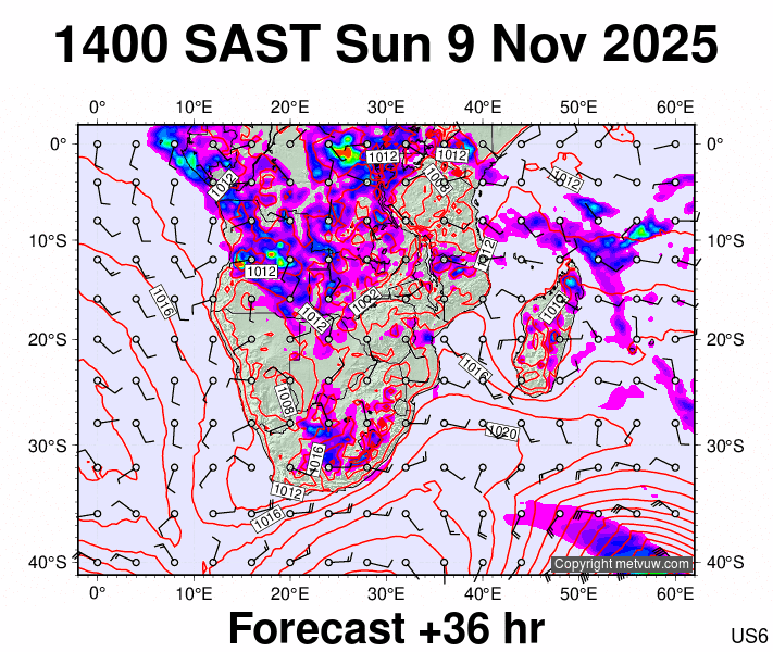 South Africa forecast chart for Sunday, November 9th, 2025 at 12:00 PM