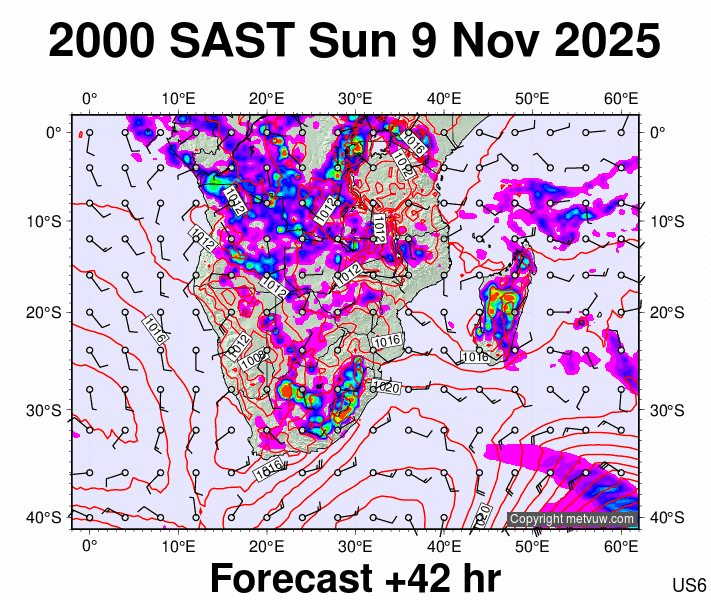 South Africa forecast chart for Sunday, November 9th, 2025 at 6:00 PM